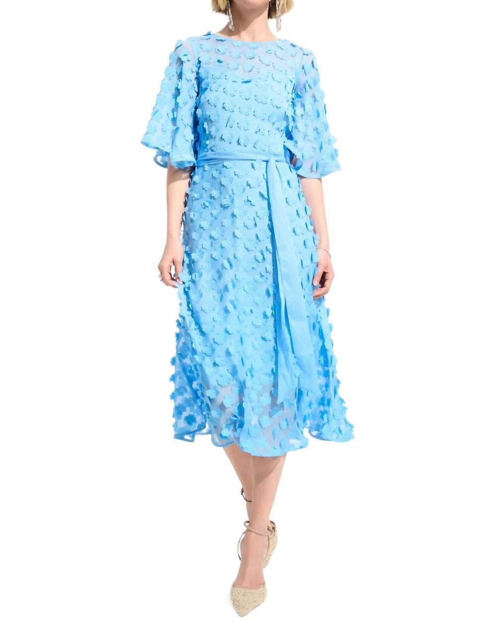 NEW JOSEPH RIBKOFF 3d florals belted chiffon fit and flare dress in sky blue